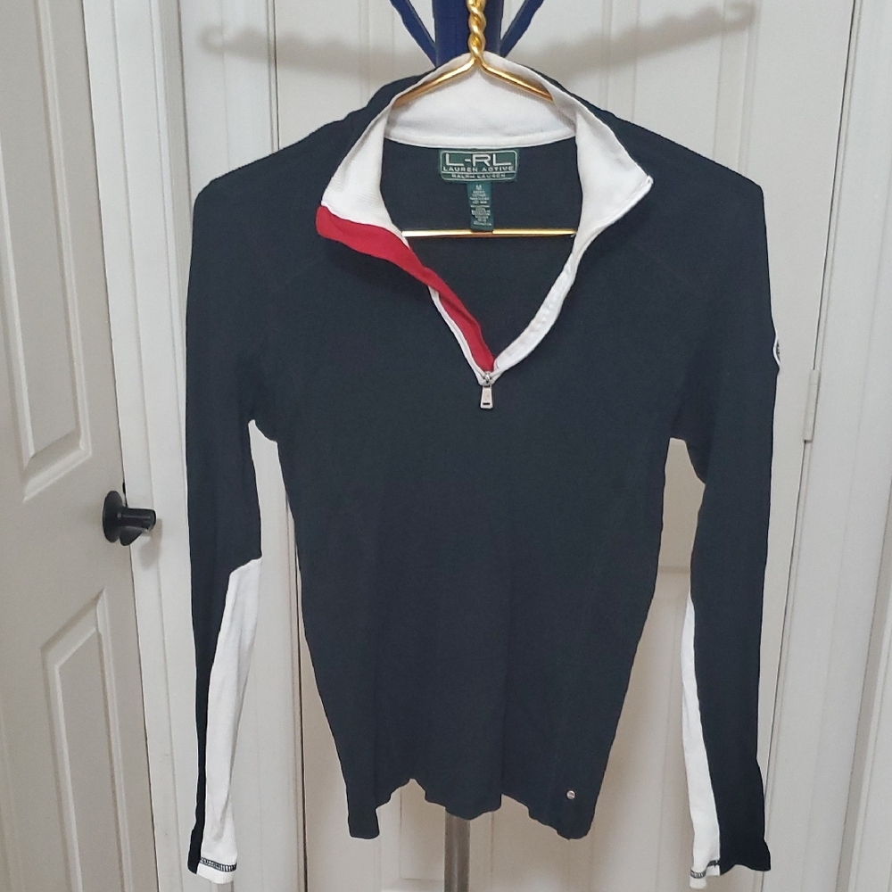 Ralph Lauren Black Quarter-Zip Pullover with White Sleeves and Red Collar Trim